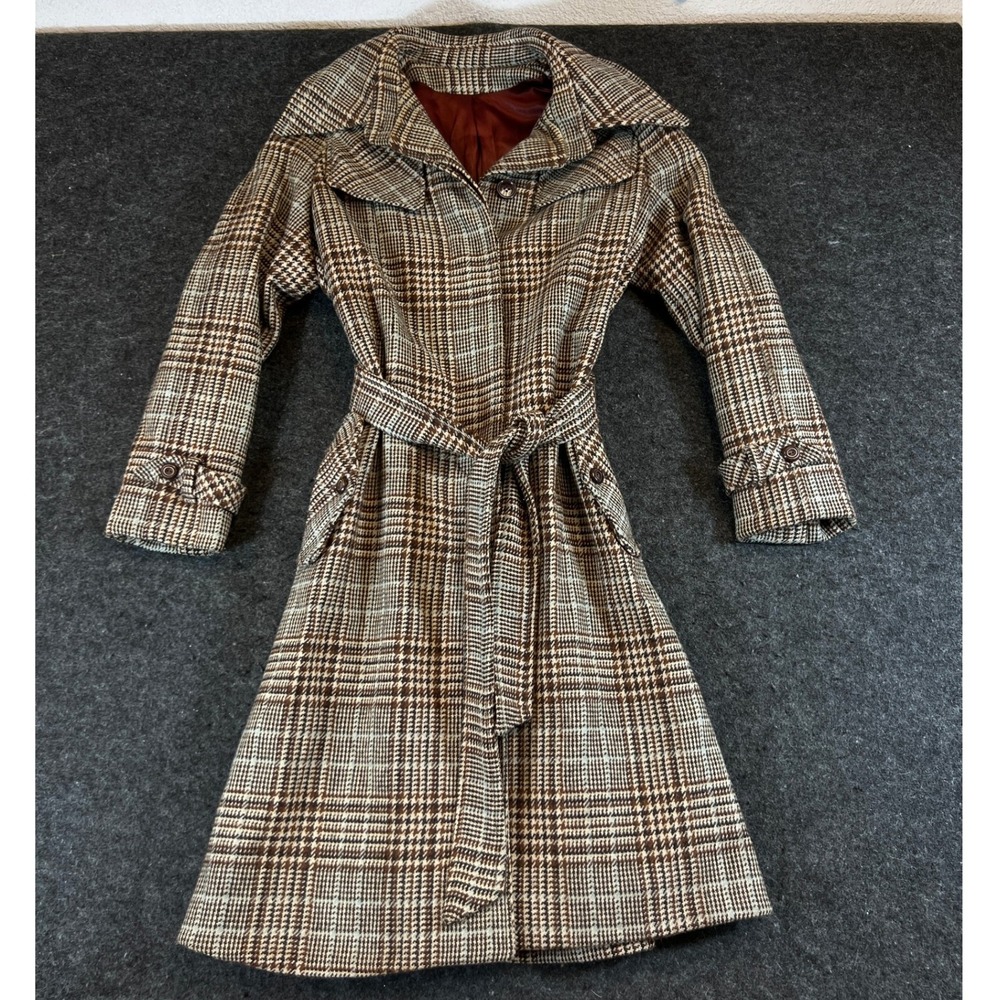 VTG 60s Harris Tweed Trench Coat Womens Small Brown Tan Plaid Belted Longline